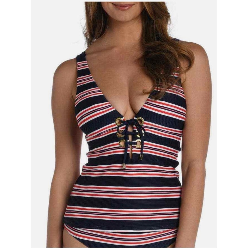 New LA BLANCA Size 6 Red White Blue Stripe Lace-Up Ribbed Tankini Top Resort